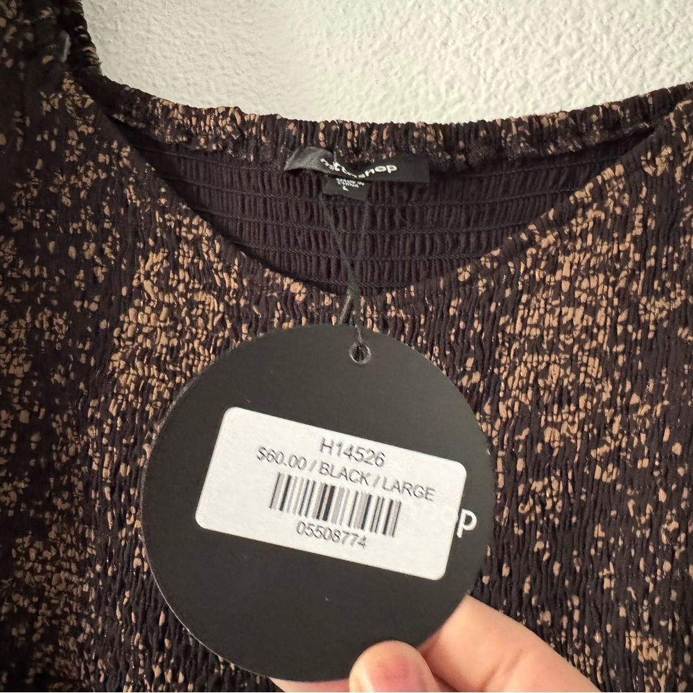 Mittoshop Floral Smocked Long Sleeve Black Tan Top Large Boho Cottagecore - Picture 10 of 16
